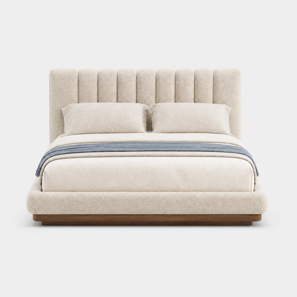 Bouclé platform bed, the real-world character this definition is written to capture