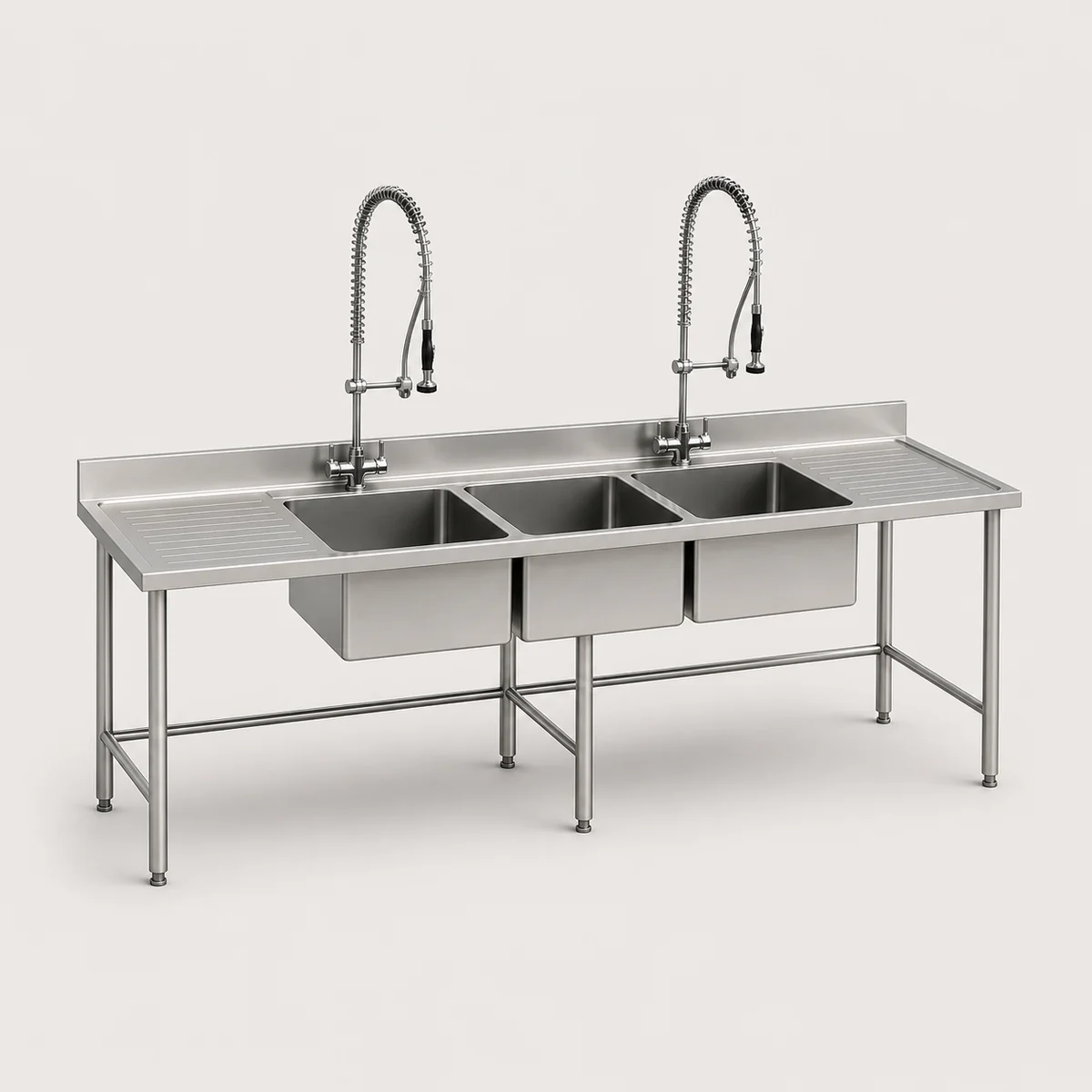 Three-bowl commercial sink, the real-world character this definition is written to capture