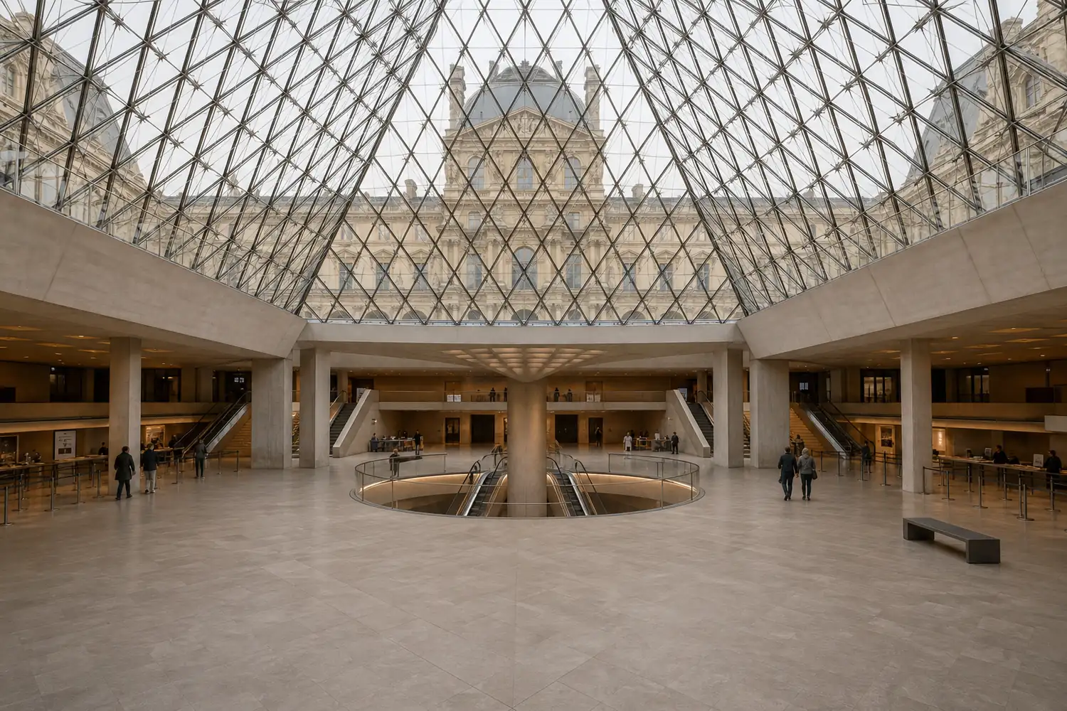 Generated photorealistic hall napoléon · three-wing concourse view of Louvre Palace & Grand Louvre, at the same camera as the interactive model above