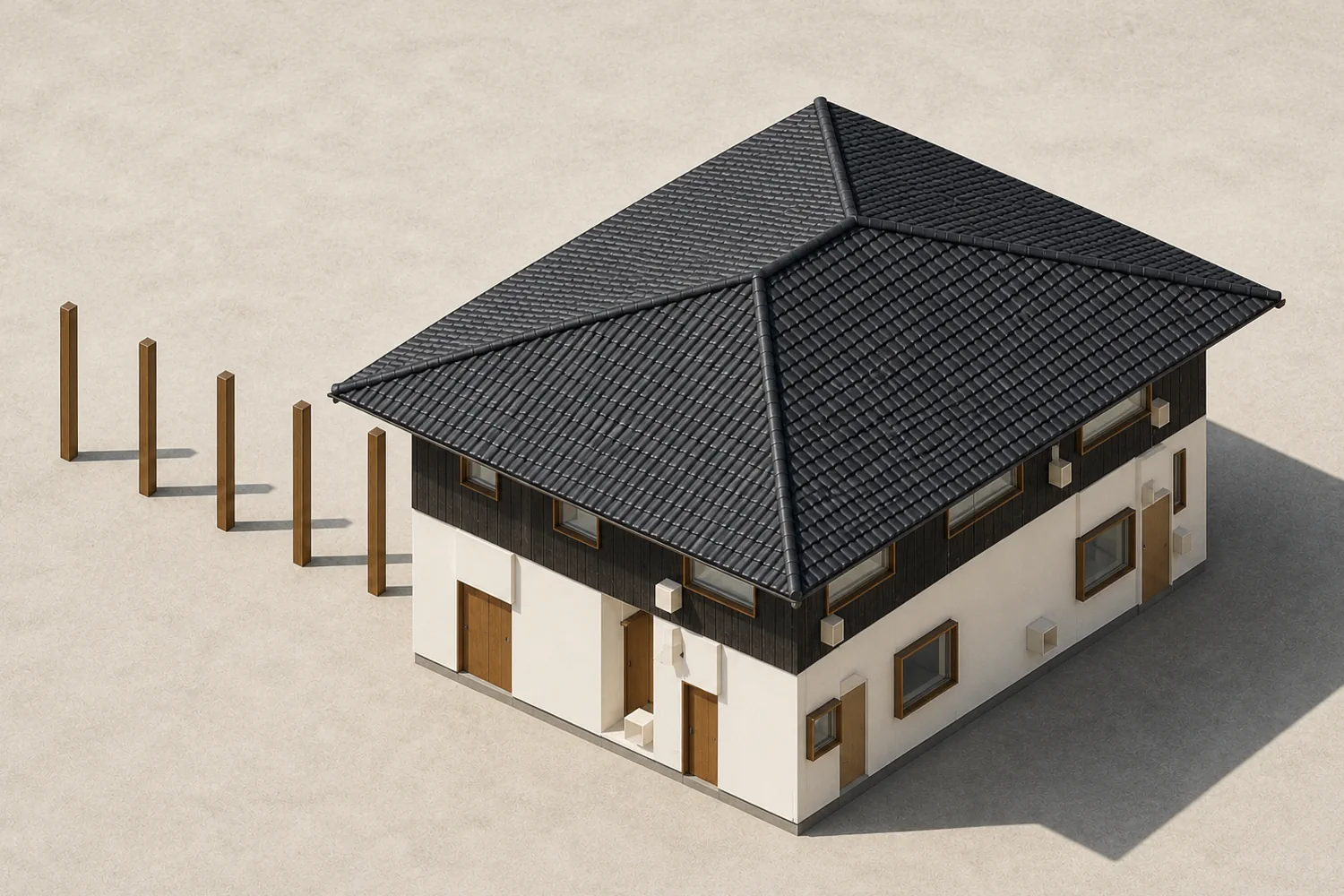 Generated photorealistic main wing view of The Engawa House · 縁側, at the same camera as the interactive model above