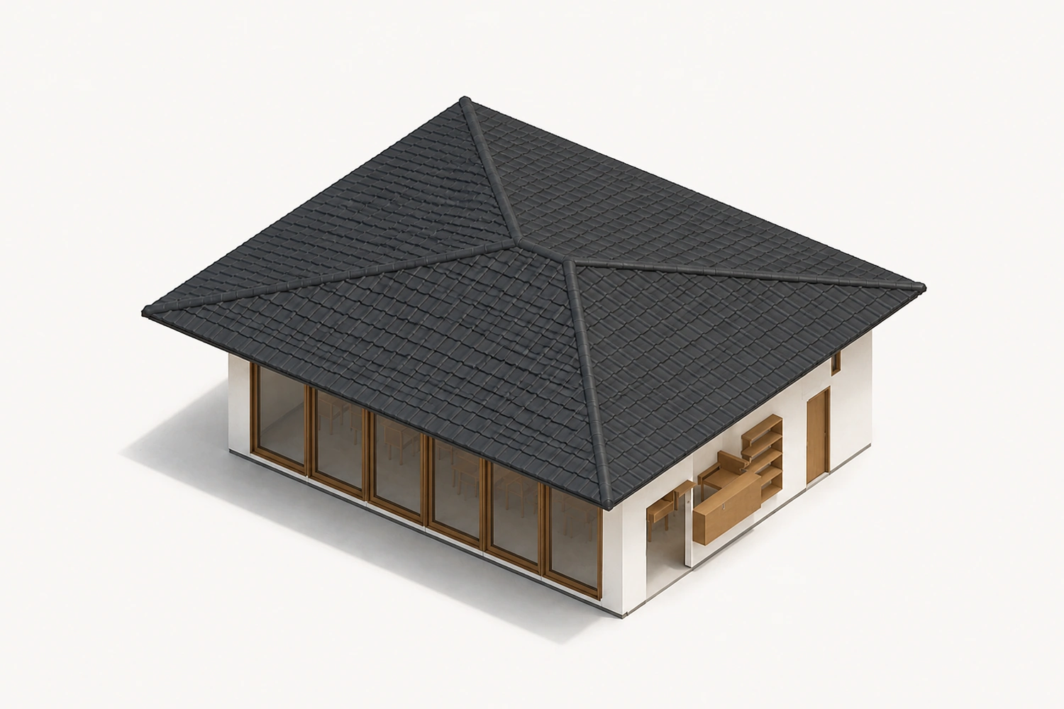 Generated photorealistic pavilion view of The Engawa House · 縁側, at the same camera as the interactive model above
