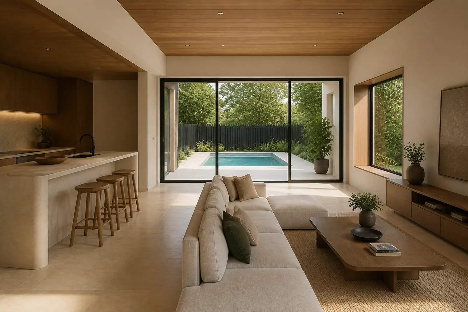 Generated photorealistic pool lounge + kitchen view of Poolside House, at the same camera as the interactive model above