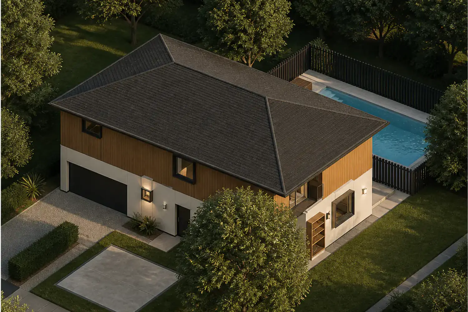 Generated photorealistic whole view of Poolside House, at the same camera as the interactive model above