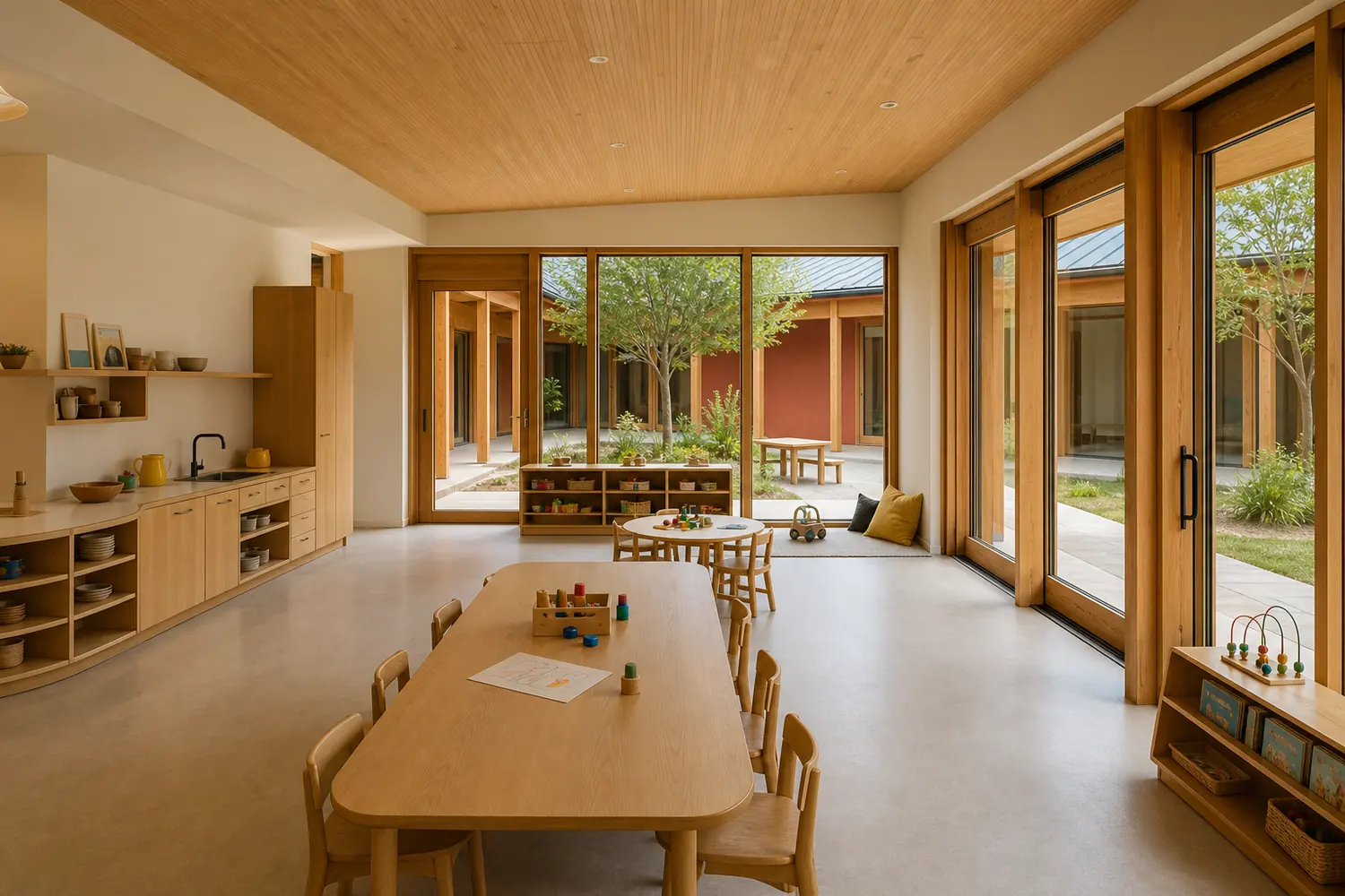 Generated photorealistic family commons + teaching kitchen view of Courtyard Kindergarten, at the same camera as the interactive model above