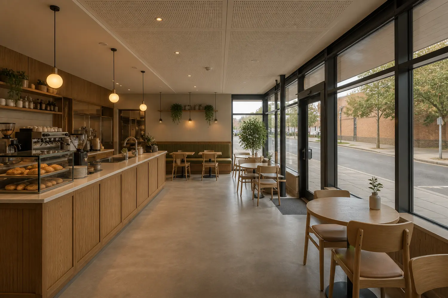 Generated photorealistic café room + open servery view of Corner Café — Retail Parade, at the same camera as the interactive model above