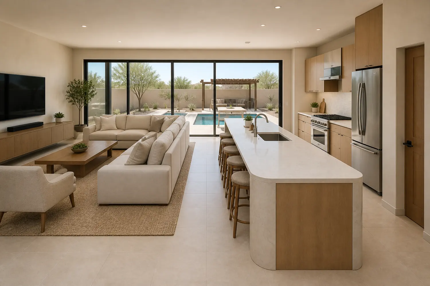 Generated photorealistic great room + kitchen view of Chandler Pool — Desert Courtyard, at the same camera as the interactive model above