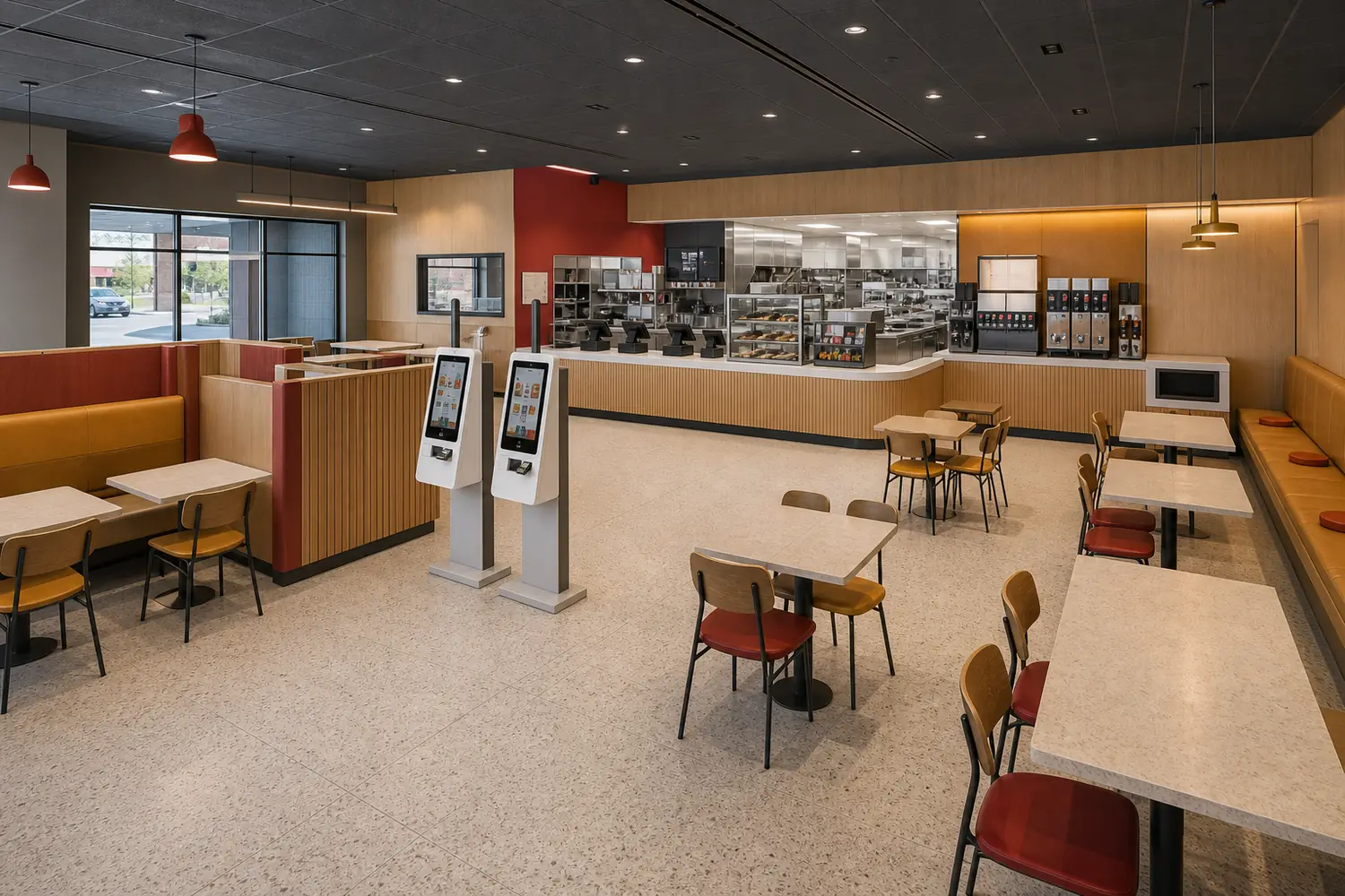 Generated photorealistic dining + order + production view of McDonald's Drive-Thru — Complete Site Study, at the same camera as the interactive model above