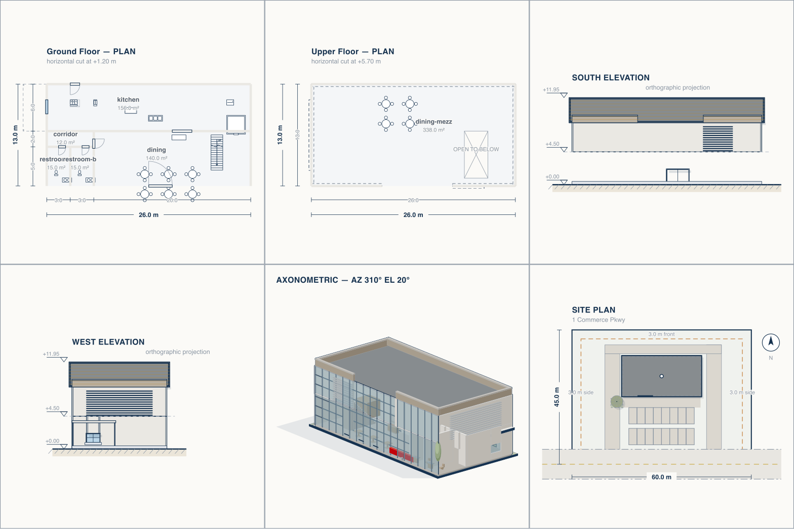 Generated sheet: floor plans, elevations, axonometric view, and site plan